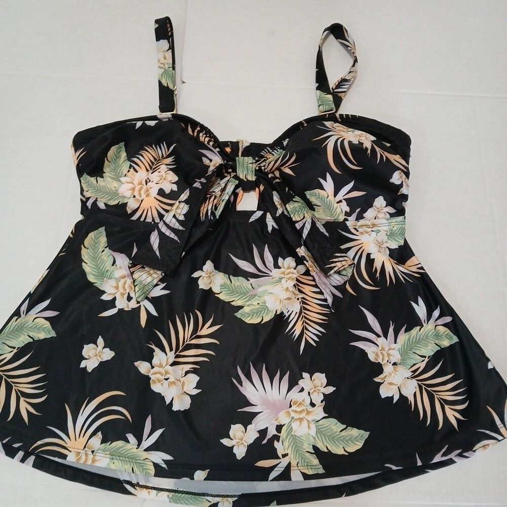Ibiza Black Tropical Print Tankini Decrotive Bow Plus 3x No Underwire KEYHOLE